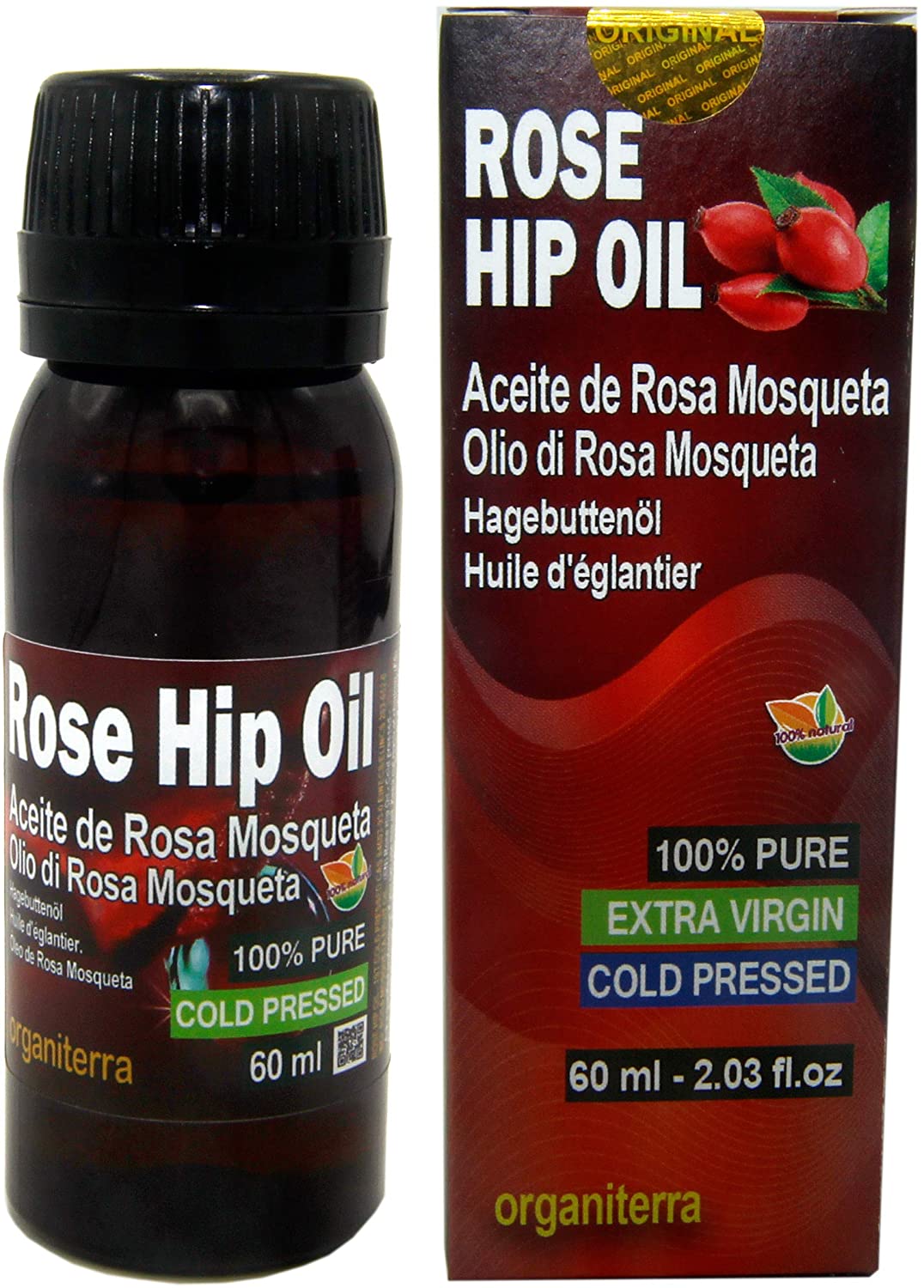 Rose Hip Oil Organiterra 60ml Bottle . Box